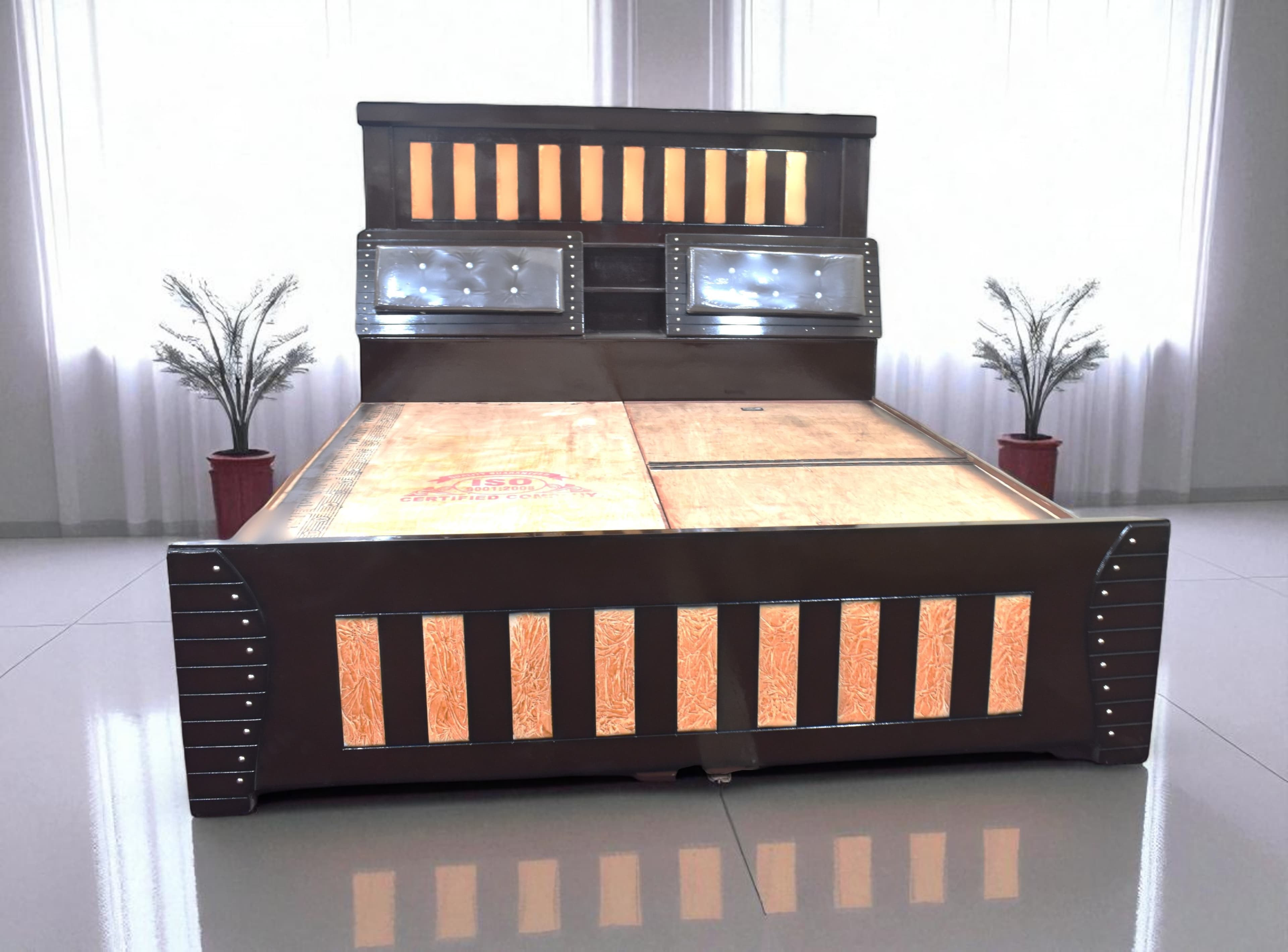 Sunrise Panel Premium head box queen Size Bed in Brown Colour With Storage