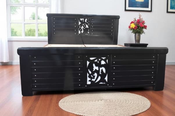 Midnight Bloom queen Size Bed In Provincial black Finish with storage