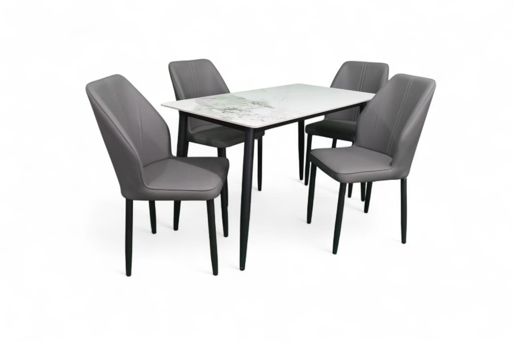 grey Metallic 4 Seater Dining Set In black Base With Porcelain marble Top
