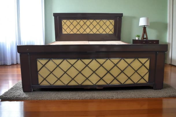 Golden Lattice queen Size Bed In Provincial brown golden Finish with storage