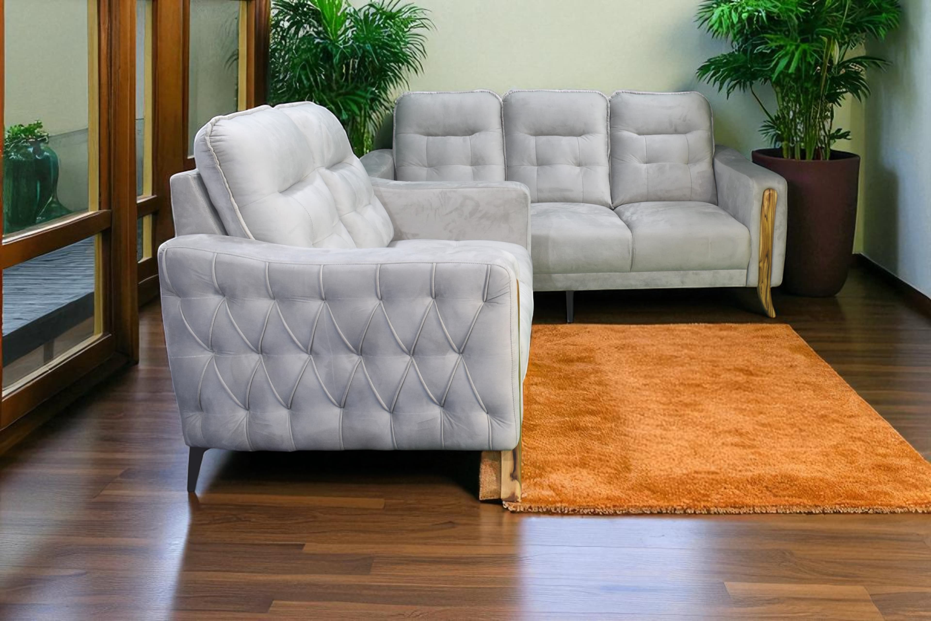 velvet Fabric (3+2)  Seater Sofa In Luxury light grey Colour