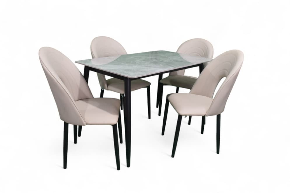 cream Metallic 4 Seater Dining Set In black Base With Porcelain marble Top