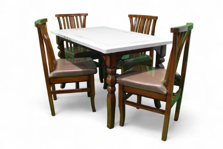 Binche Sheesham Wood 4 Seater Dining Set In Provincial Teak Finish With Marble Top 