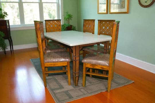 Marin Sheesham Wood 6 Seater Dining Set Marble Top In White Colour