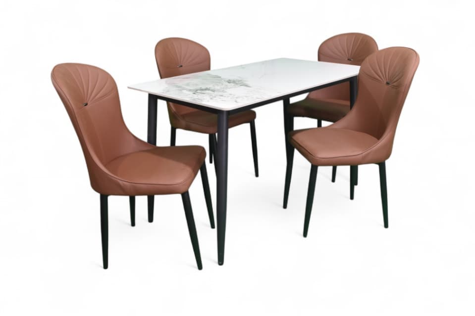 brown Metallic 4 Seater Dining Set In black Base With Porcelain marble Top
